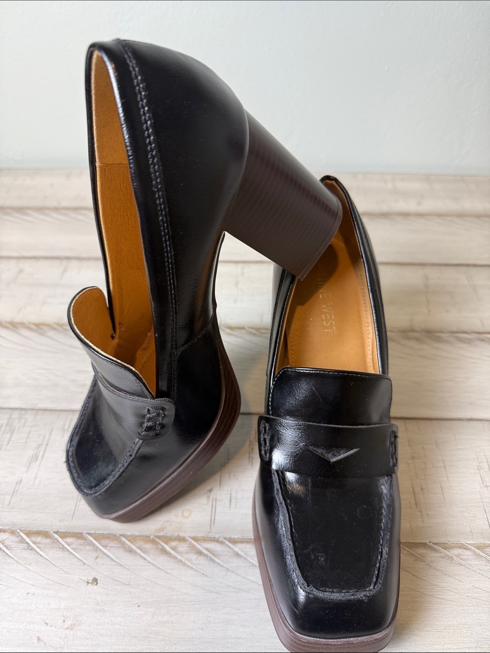 Nine West Chunky Black Square Toe Loafer Style Platform Shoes Size 8.5 Y2K